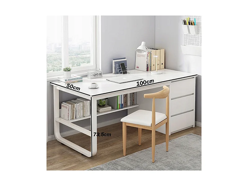 BUREAU INFORMATIQUE POUR ADOLESCENTS BLANC STYLE SCANDINAVE GRANDES LOFT ÉTAGÈRES 100 CM