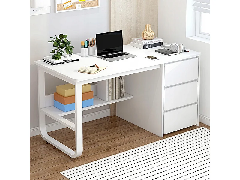 Weißer skandinavischer Computertisch 100 cm mit großen integrierten Regalen, modernes und ergonomisches Design