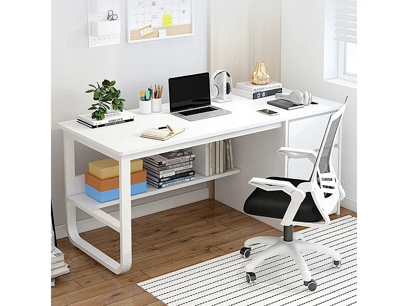 Weißer skandinavischer Computertisch 100 cm mit großen integrierten Regalen, modernes und ergonomisches Design