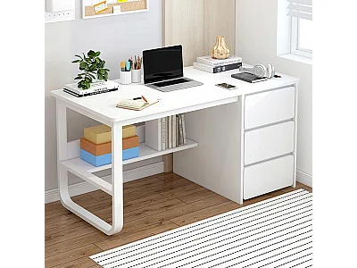 Escritorio informático blanco escandinavo de 100 cm con grandes estantes integrados, diseño moderno y ergonómico
