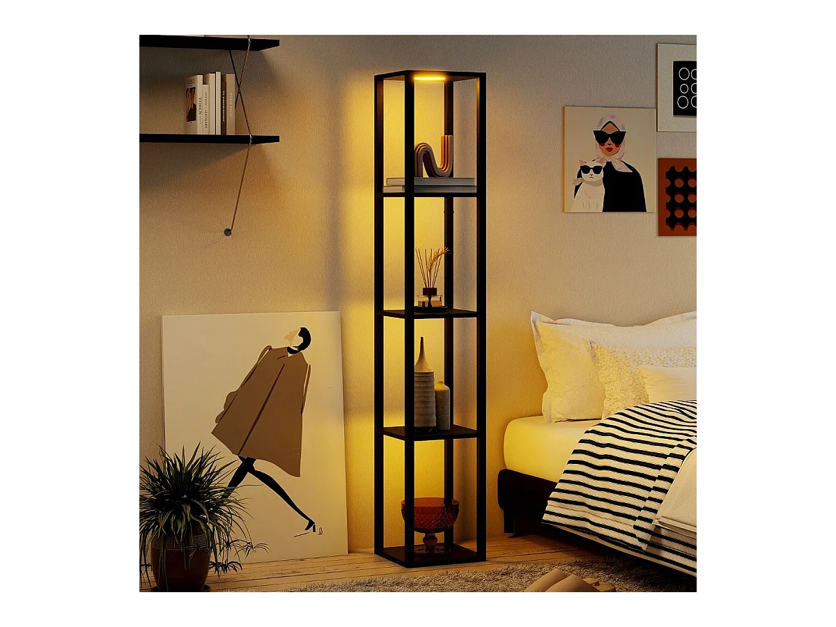 Lampadaire avec Étagères Présentoir Autonome à 4 Niveaux avec Lumières LED 3 Niveaux Variables & Interrupteur au Pied Noir