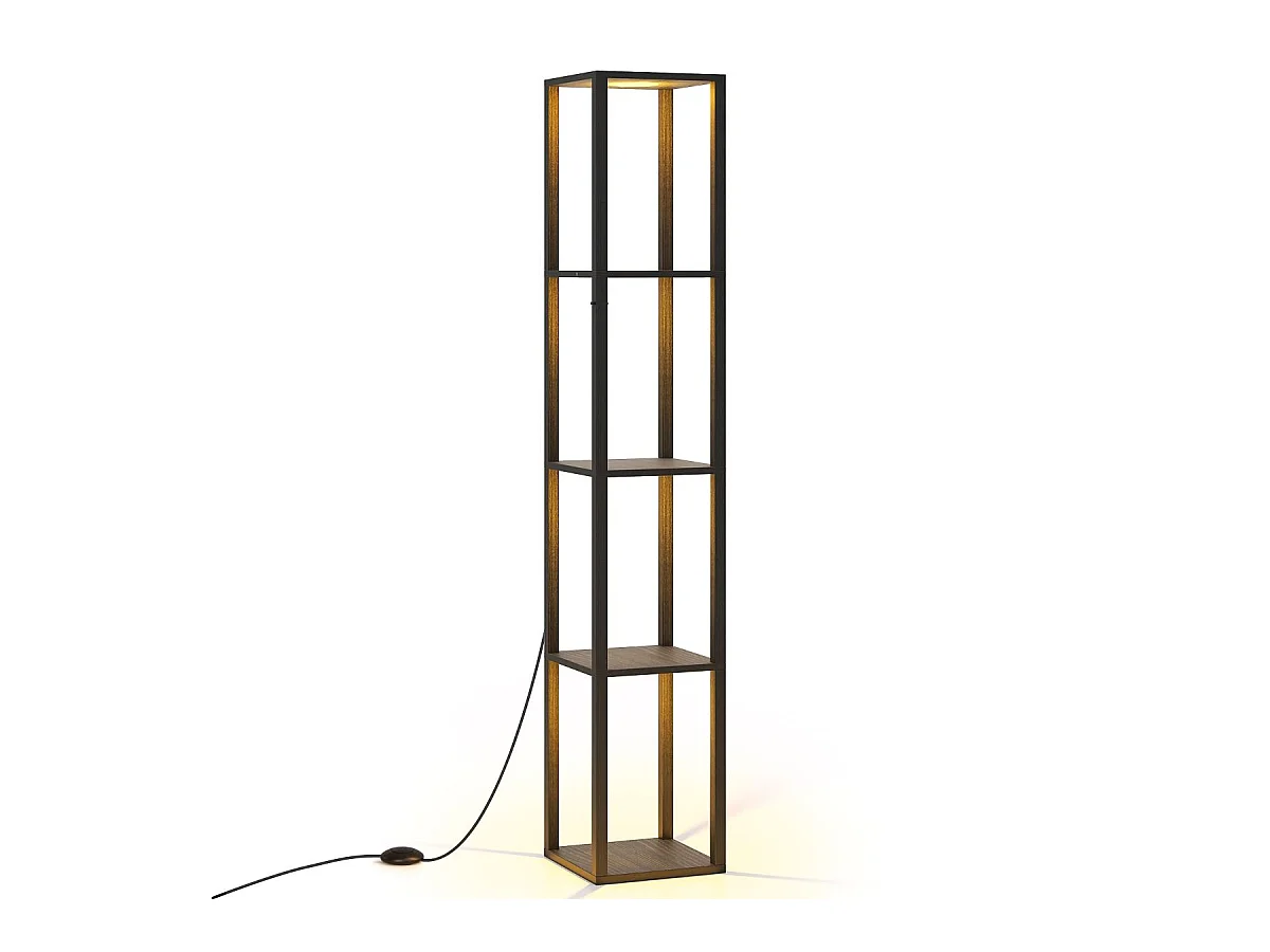 Lampadaire avec Étagères Présentoir Autonome à 4 Niveaux avec Lumières LED 3 Niveaux Variables & Interrupteur au Pied Noir