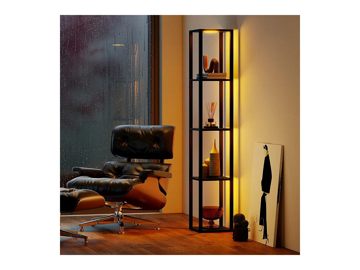 Lampadaire avec Étagères Présentoir Autonome à 4 Niveaux avec Lumières LED 3 Niveaux Variables & Interrupteur au Pied Noir