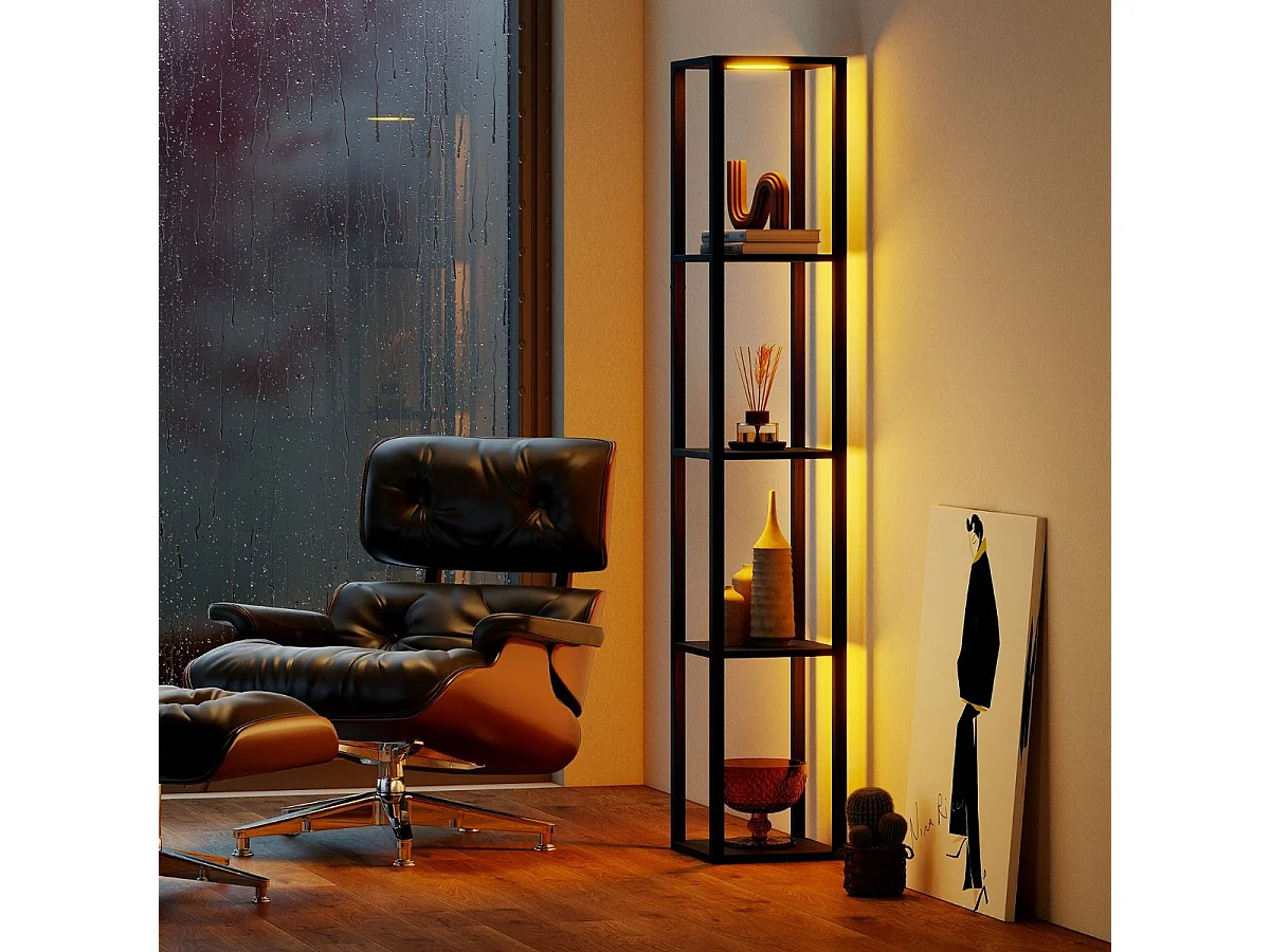 Lampadaire avec Étagères Présentoir Autonome à 4 Niveaux avec Lumières LED 3 Niveaux Variables & Interrupteur au Pied Noir