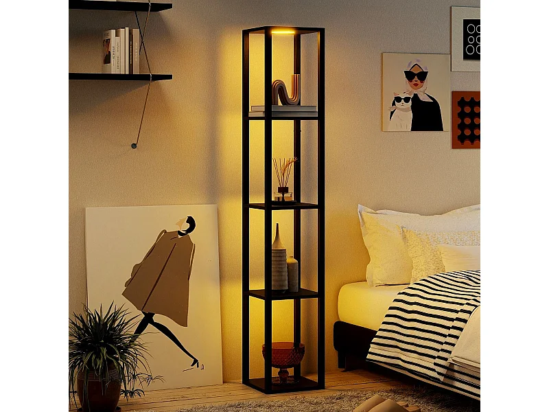 Lampadaire avec Étagères Présentoir Autonome à 4 Niveaux avec Lumières LED 3 Niveaux Variables & Interrupteur au Pied Noir