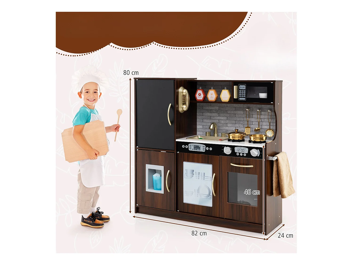 Spielküche zum Spielen Küchenspielset für Kleinkinder mit Tafel 82 x 24 x 80 cm Braun