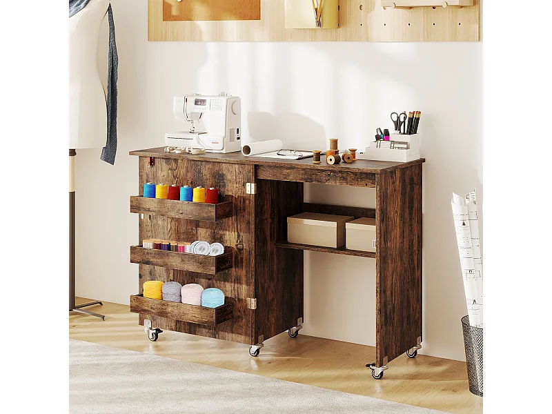Table de Couture Pliante Station D'artisanat Roulante avec Étagère de Rangement 3 Bacs Cachés Bureau pour Machine à Coudre Mobile Café