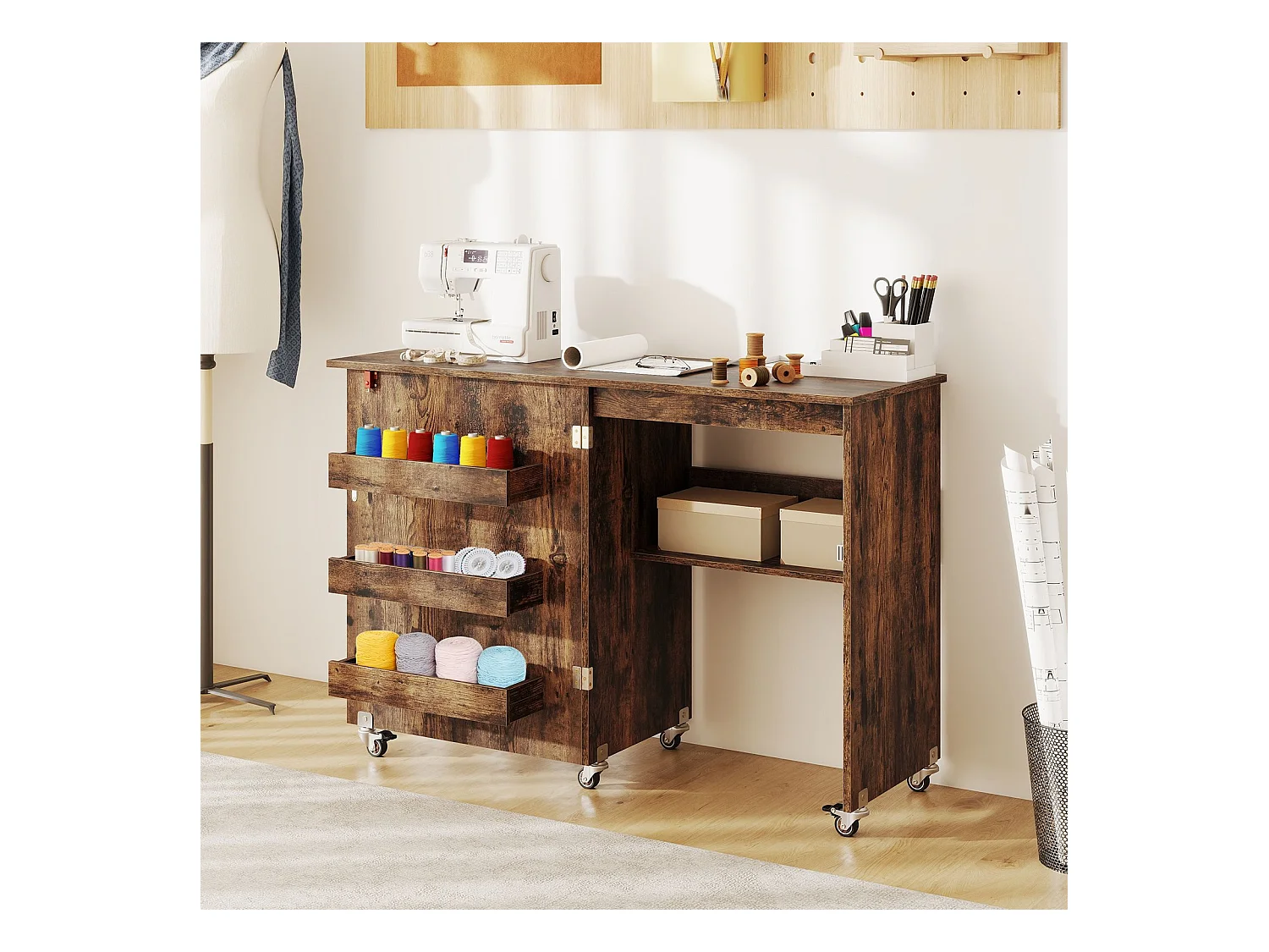 Table de Couture Pliante Station D'artisanat Roulante avec Étagère de Rangement 3 Bacs Cachés Bureau pour Machine à Coudre Mobile Café