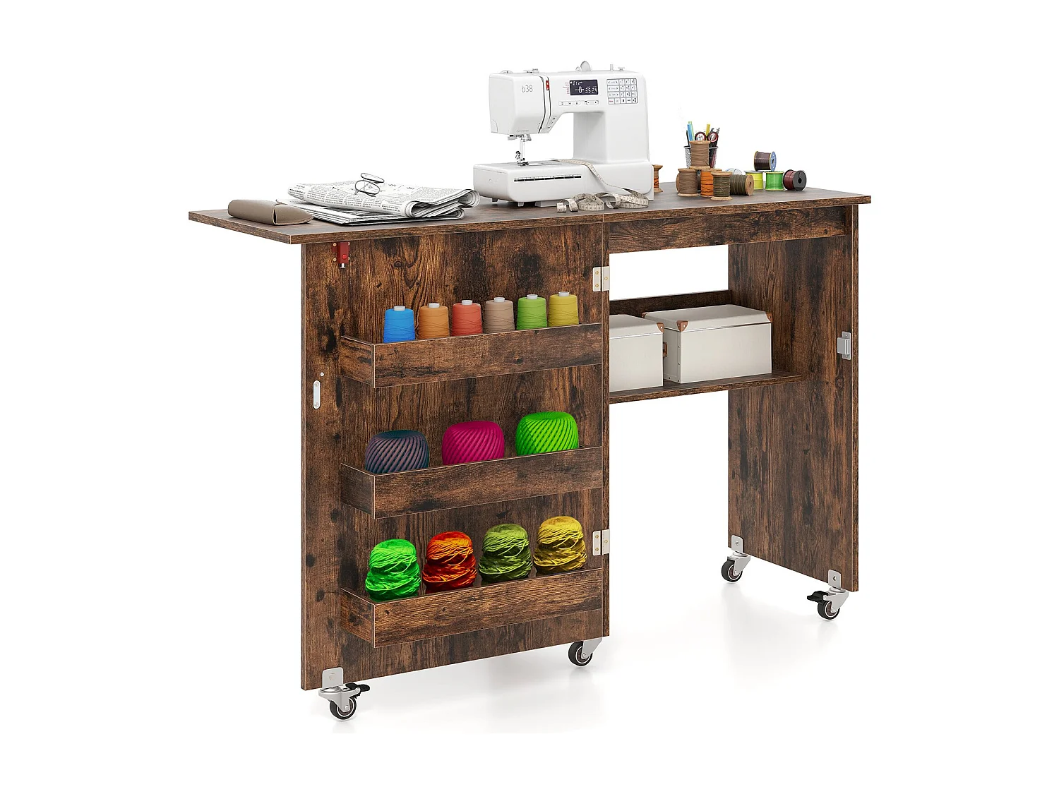 Tavolo da cucito pieghevole Stazione artigianale rotante con vano portaoggetti 3 contenitori nascosti Tavolo da cucito mobile 118,5 x 40 x 79,5 cm Marrone