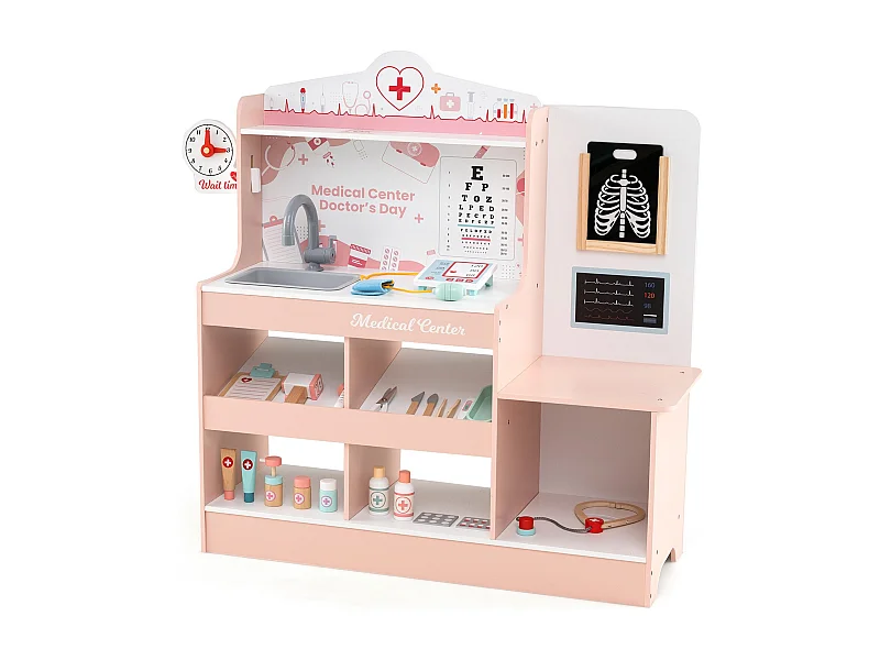 Ospedale giocattolo con attrezzature mediche e 24 accessori Playset medico in legno rosa