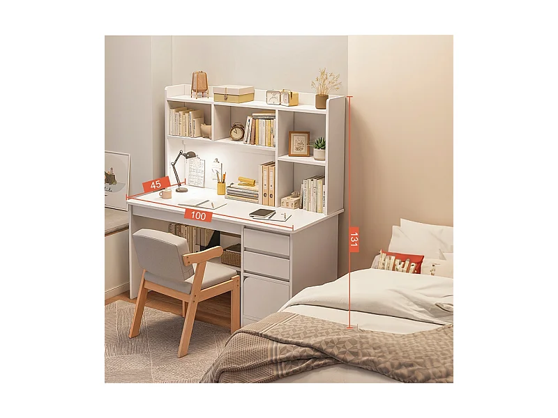 BUREAU INFORMATIQUE POUR ADOLESCENTS TABLE  BLANCHE AVEC ÉTAGÈRE ÉTAGÈRES TIROIRS