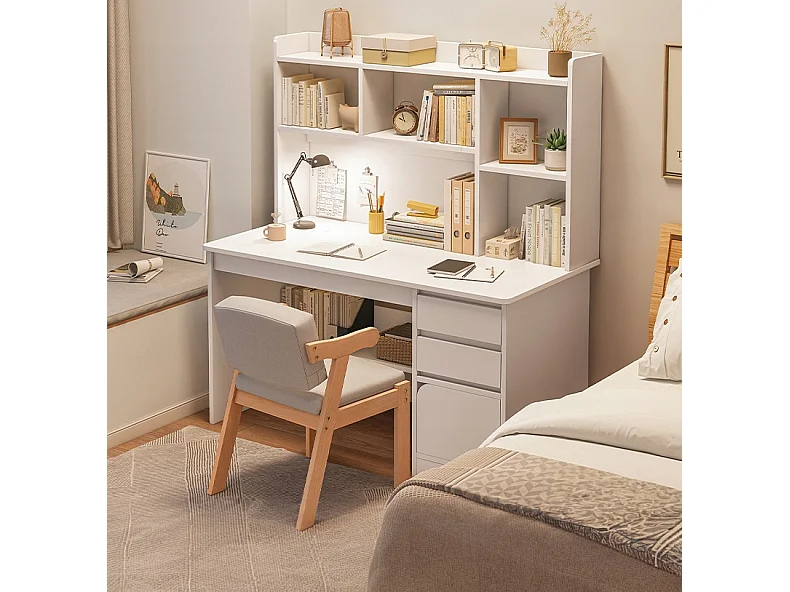 Bureau informatique pour adolescents table  blanche avec étagère étagères tiroirs