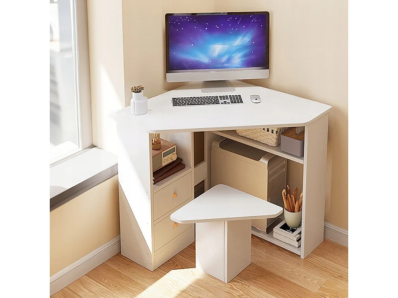 HOEKBUREAU DRIEHOEKIG COMPUTERBUREAU MET PLANKEN MODERN WIT LOFT 80x75