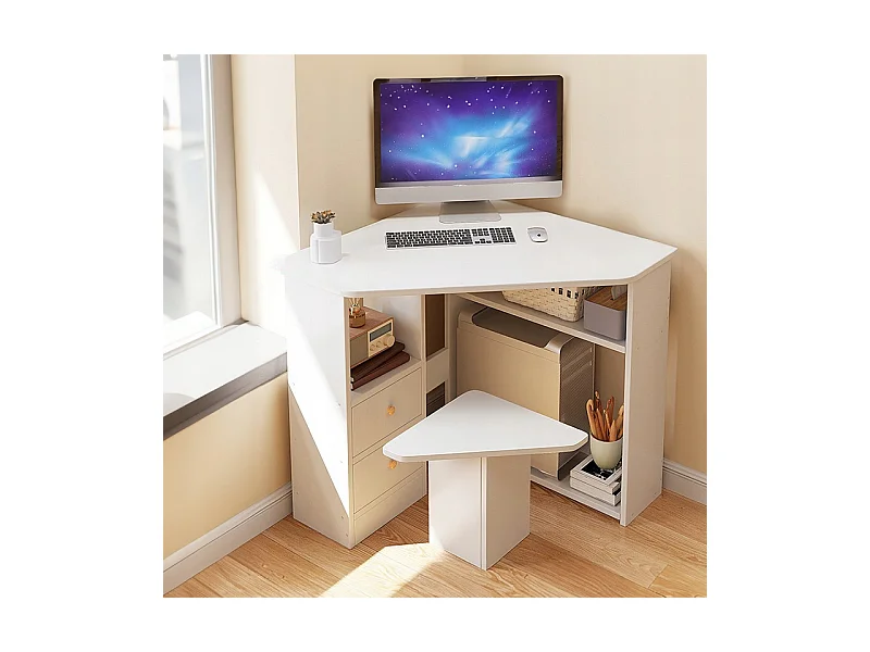 HOEKBUREAU DRIEHOEKIG COMPUTERBUREAU MET PLANKEN MODERN WIT LOFT 80x75