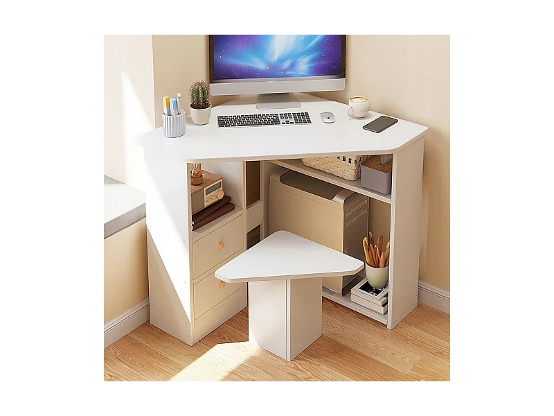 HOEKBUREAU DRIEHOEKIG COMPUTERBUREAU MET PLANKEN MODERN WIT LOFT 80x75