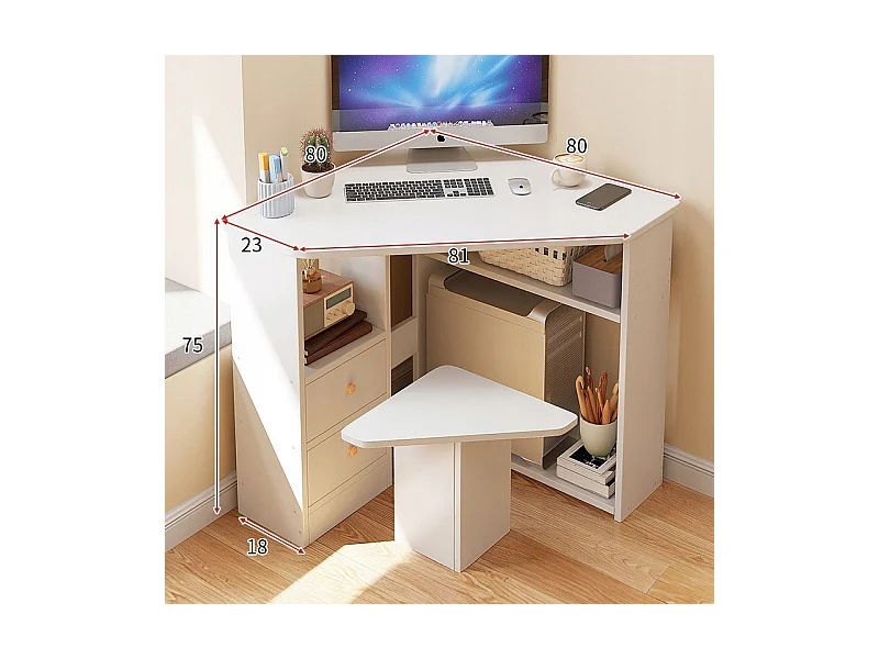 HOEKBUREAU DRIEHOEKIG COMPUTERBUREAU MET PLANKEN MODERN WIT LOFT 80x75