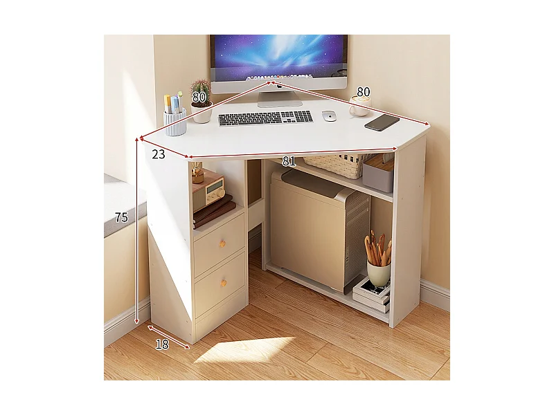 HOEKBUREAU DRIEHOEKIG COMPUTERBUREAU MET PLANKEN MODERN WIT LOFT 80x75