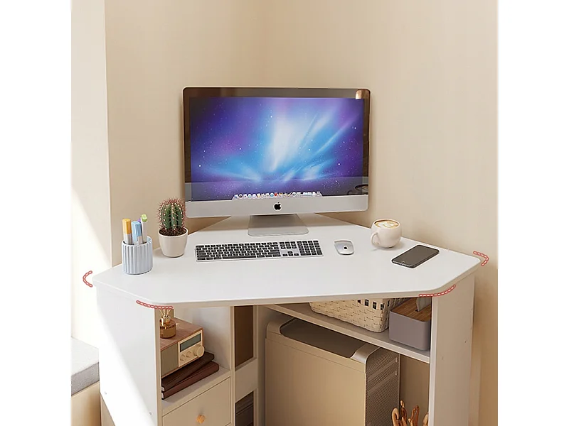 ECKIGER DREIECKIGER COMPUTERTISCH MIT REGALEN MODERN WEISS LOFT 80x75