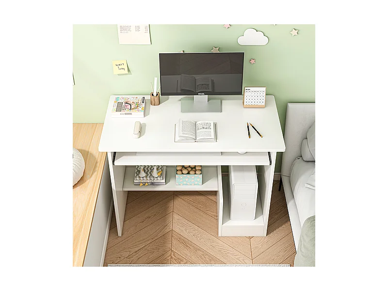 BUREAU BLANC POUR ADOLESCENTS AVEC TIROIR ET ÉTAGÈRES MODERNE POUR ORDINATEUR LOFT TABLE BASSES