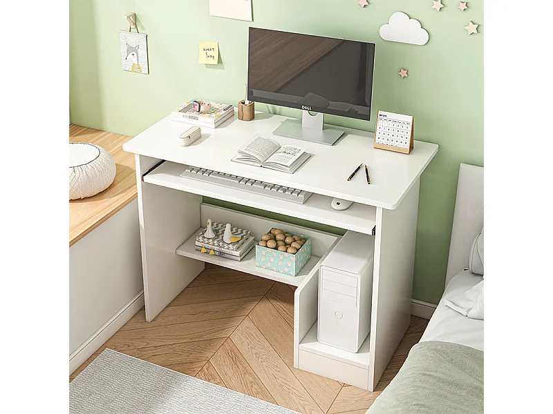 Escritório branco compacto com gavetas e prateleira deslizante para teclado – design moderno e armazenamento otimizado