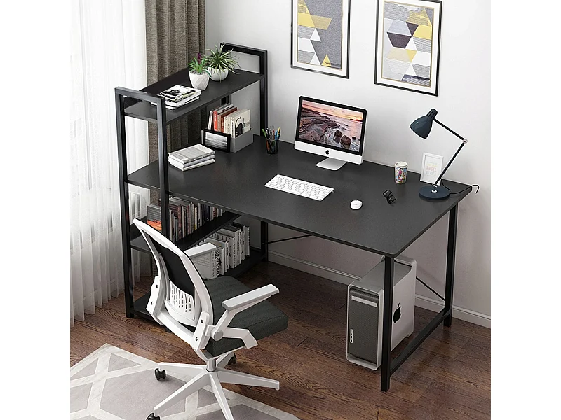 COMPUTERTISCH TISCH SCHWARZER JUGENDTISCH MIT REGAL UND REGALBÖDEN