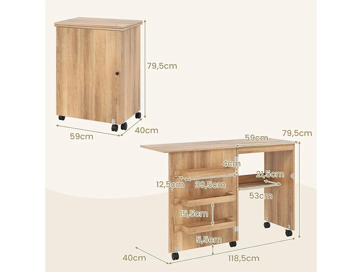 Faltbarer Nähtisch Rollende Bastelstation mit Ablagefach 3 versteckte Behälter Mobiler Nähtisch 118,5 x 40 x 79,5 cm Natur