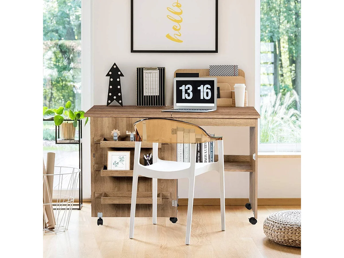Tavolo da cucito pieghevole Stazione artigianale rotante con vano portaoggetti 3 contenitori nascosti Tavolo da cucito mobile 118,5 x 40 x 79,5 cm Natura