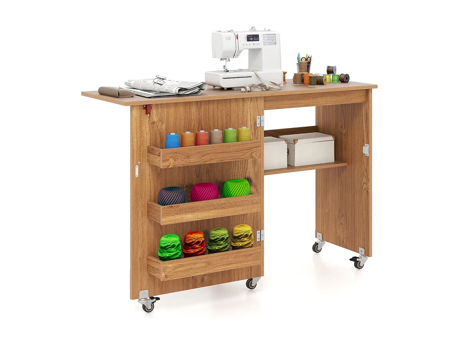 Tavolo da cucito pieghevole Stazione artigianale rotante con vano portaoggetti 3 contenitori nascosti Tavolo da cucito mobile 118,5 x 40 x 79,5 cm Natura
