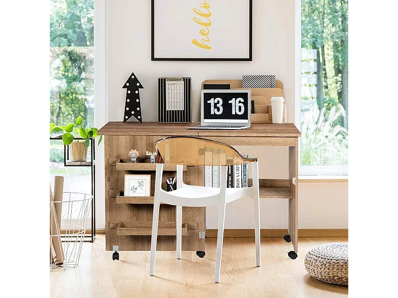 Tavolo da cucito pieghevole Stazione artigianale rotante con vano portaoggetti 3 contenitori nascosti Tavolo da cucito mobile 118,5 x 40 x 79,5 cm Natura