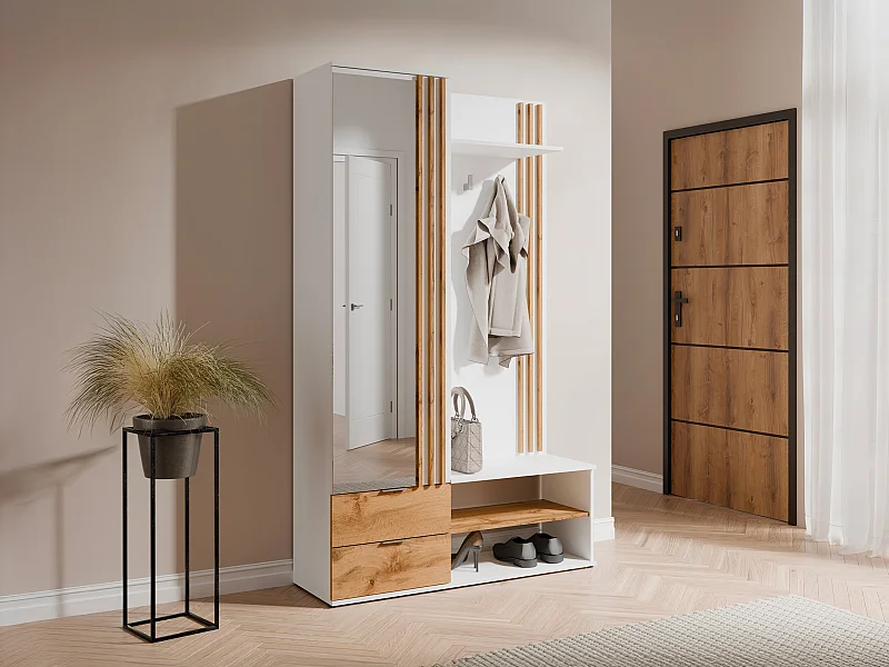 Vestiaire avec miroir et rangements - Blanc et Naturel - JANAKIA