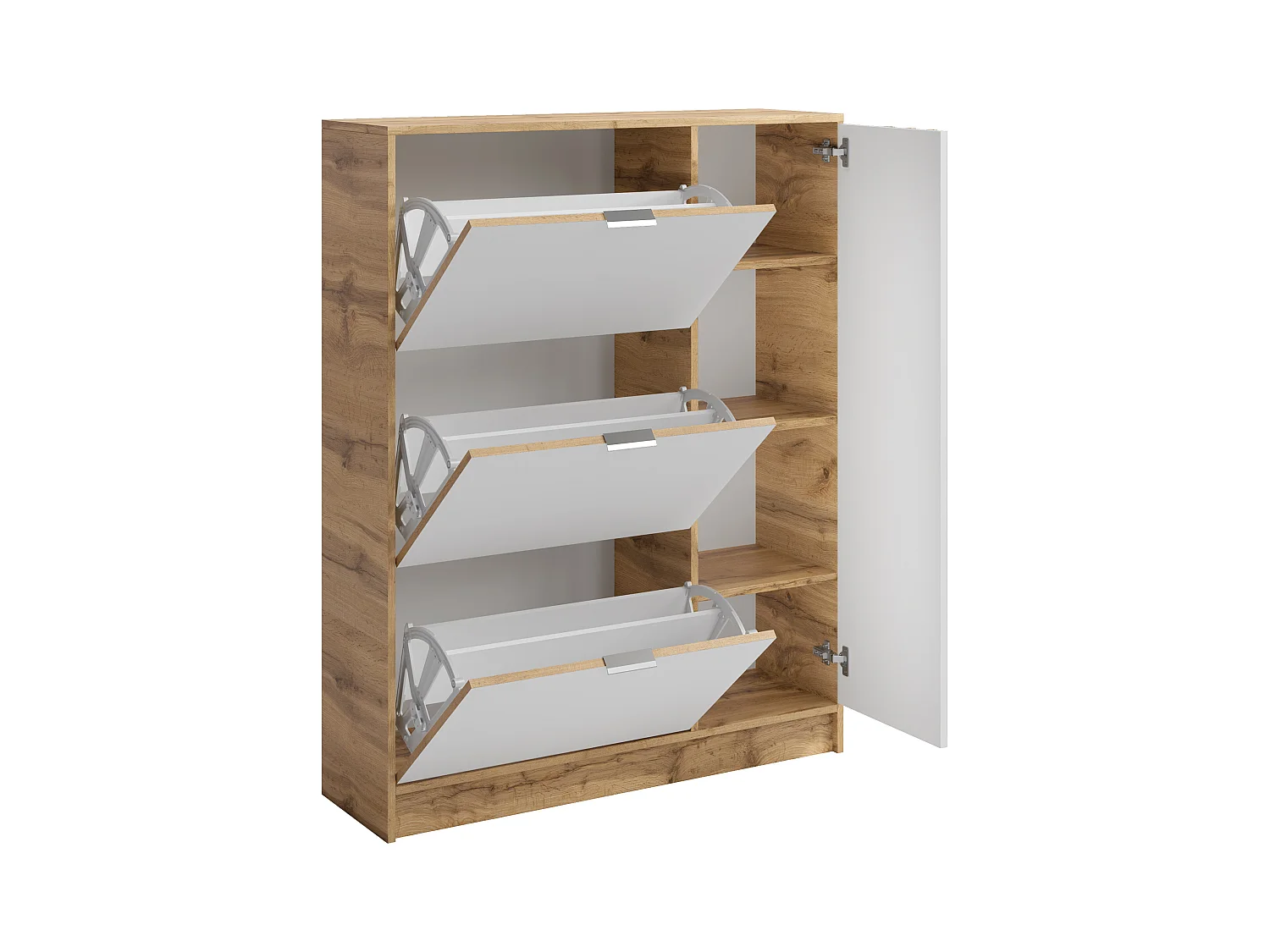 Meuble à chaussures avec 1 porte et 3 compartiments abattants - Naturel et Blanc - JANAKIA