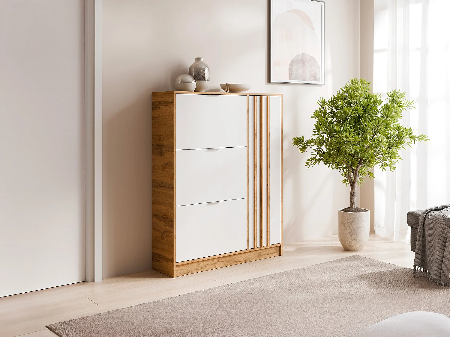 Meuble à chaussures avec 1 porte et 3 compartiments abattants - Naturel et Blanc - JANAKIA