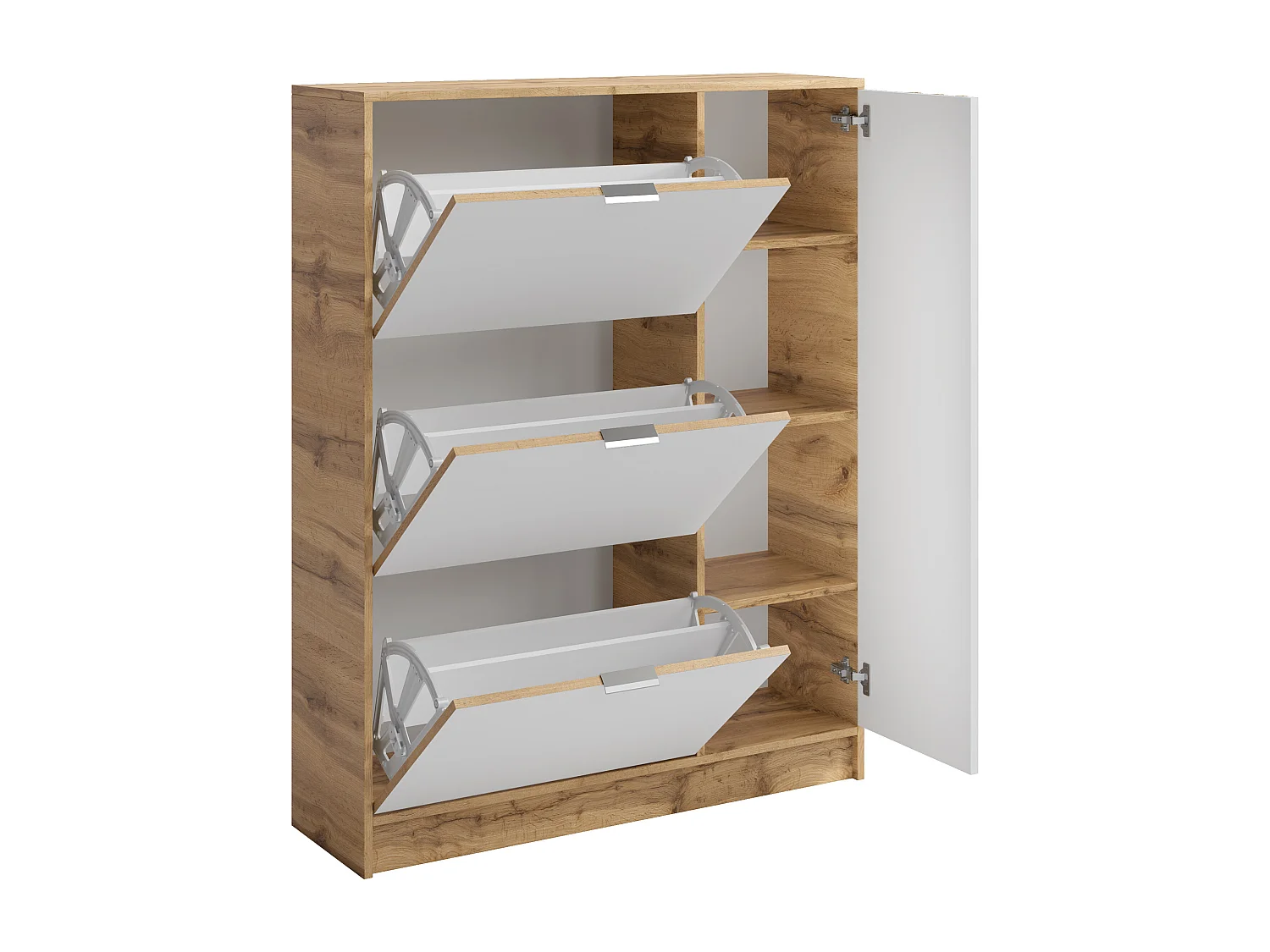 Meuble à chaussures avec 1 porte et 3 compartiments abattants - Naturel et Blanc - JANAKIA