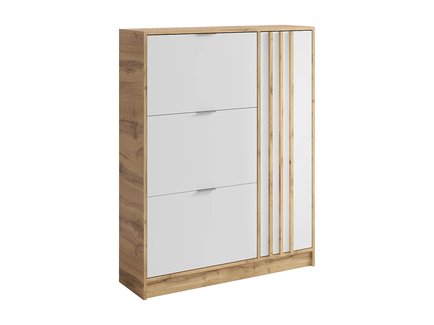 Meuble à chaussures avec 1 porte et 3 compartiments abattants - Naturel et Blanc - JANAKIA