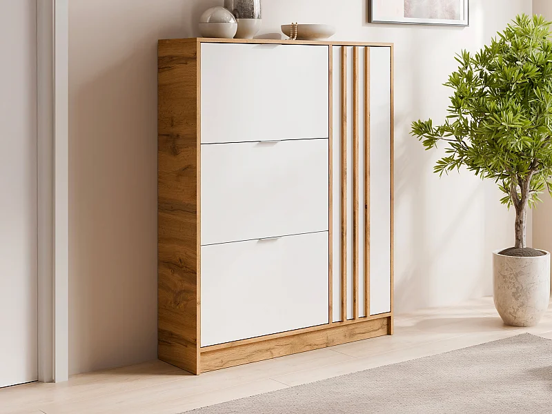 Meuble à chaussures avec 1 porte et 3 compartiments abattants - Naturel et Blanc - JANAKIA