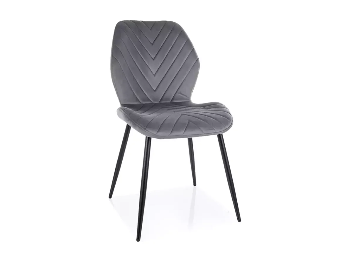 Chaise en velours gris piètement noir mat avec motif chevron dossier incurvé MONARK