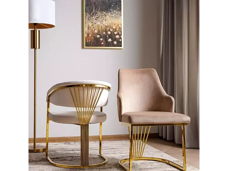 Chaise design en tissu velours beige clair avec structure en acier inoxydable doré RAFIN
