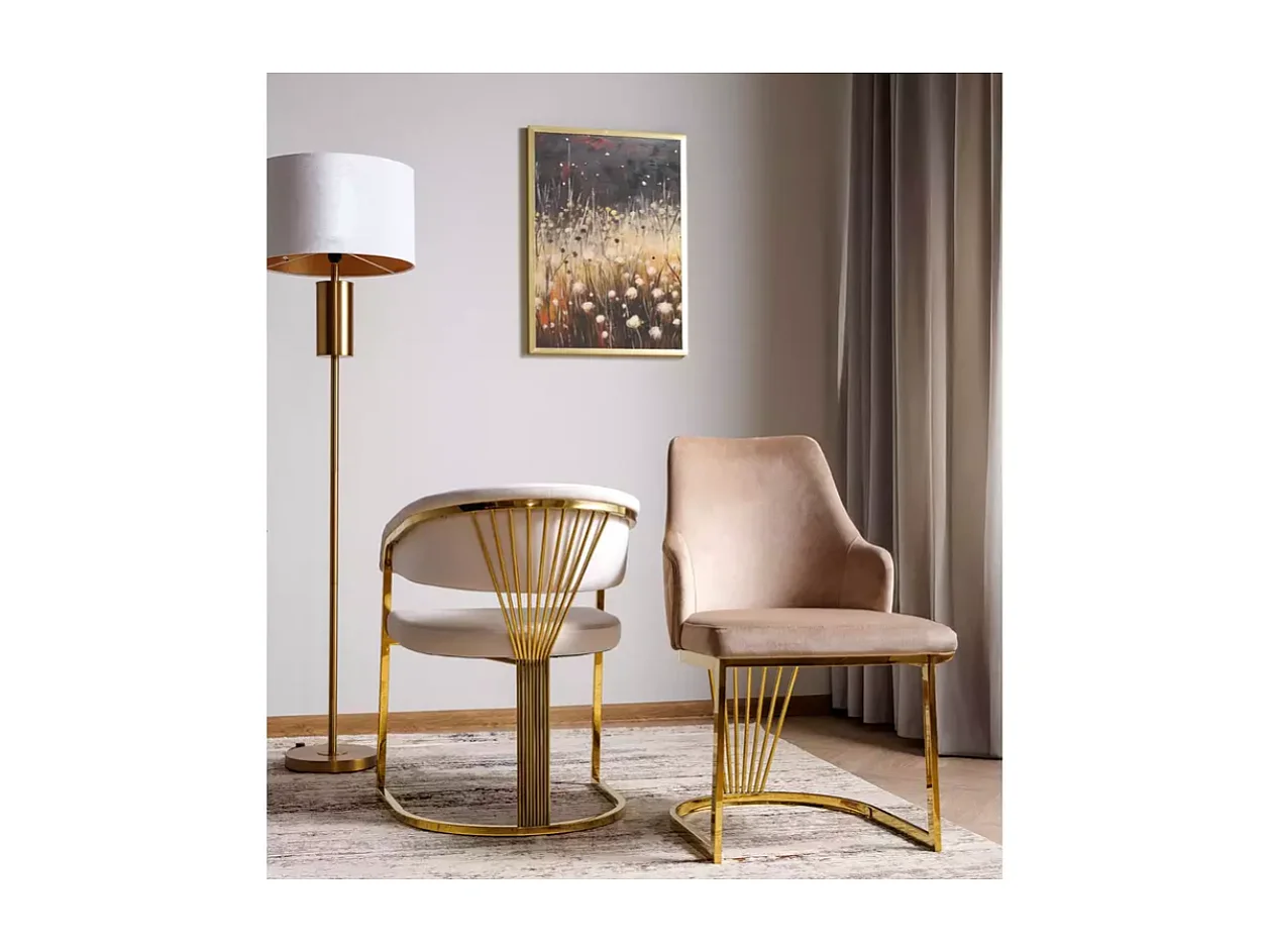 Chaise velours beige et acier doré assise enveloppante élégante MOLIN