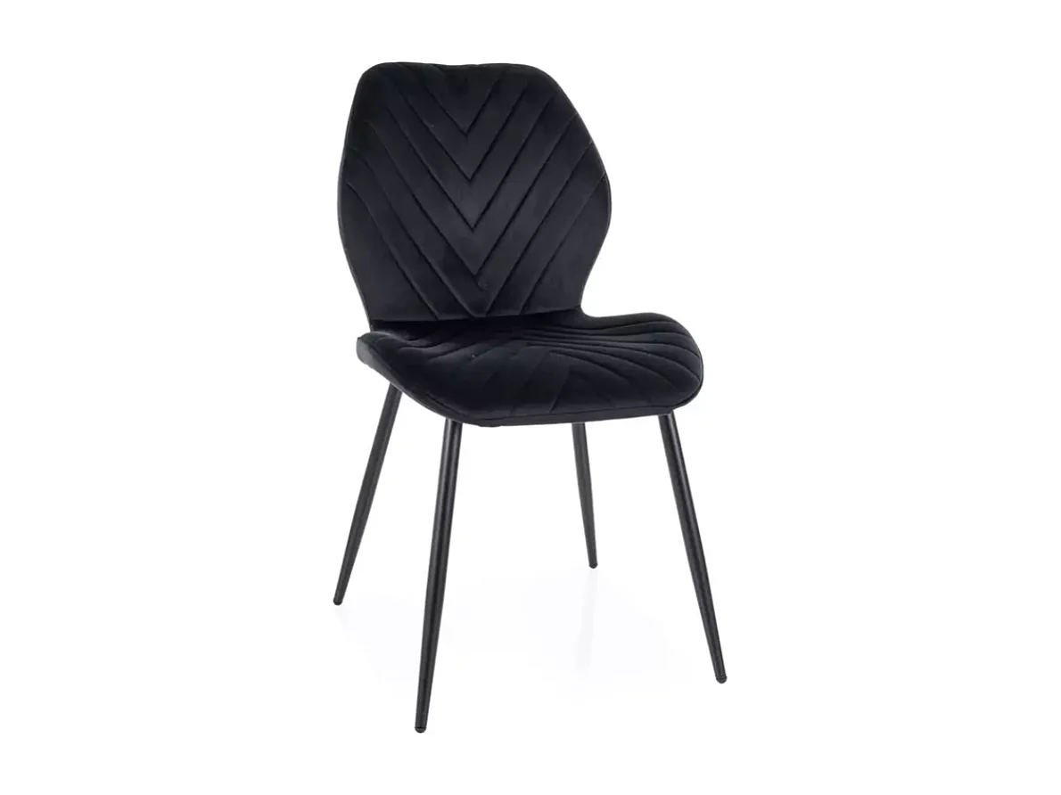 Chaise en velours noir mat, assise confortable et piètement métal noir MONARK