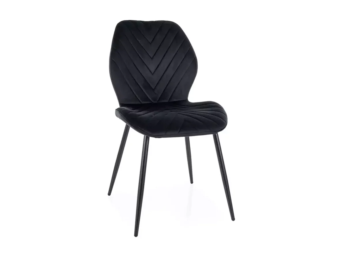 Chaise en velours noir mat, assise confortable et piètement métal noir MONARK