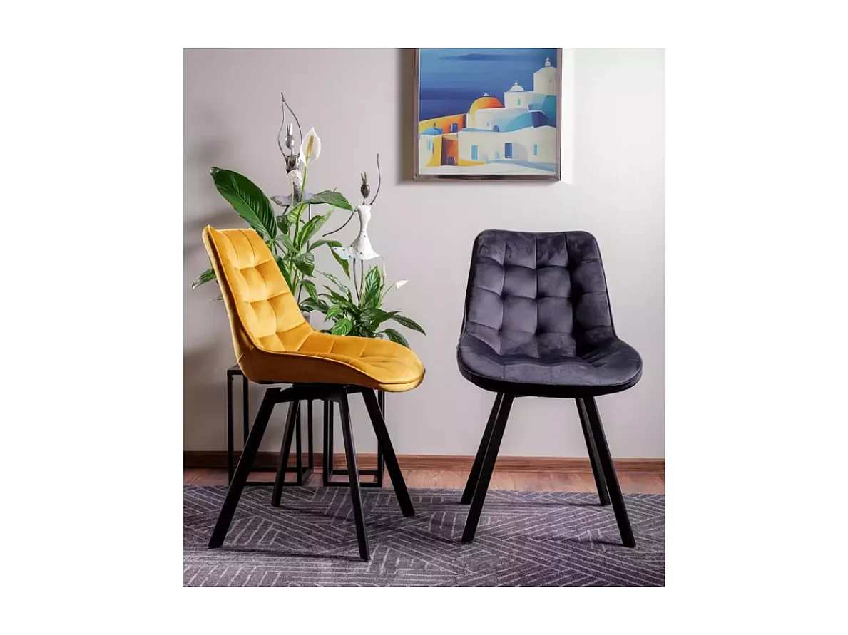 Chaise LOUPI en velours curry pivotante assise matelassée et pieds noirs modernes