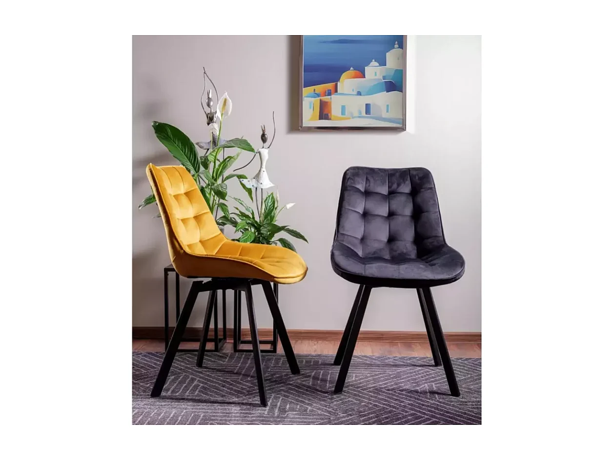 Chaise LOUPI en velours curry pivotante assise matelassée et pieds noirs modernes