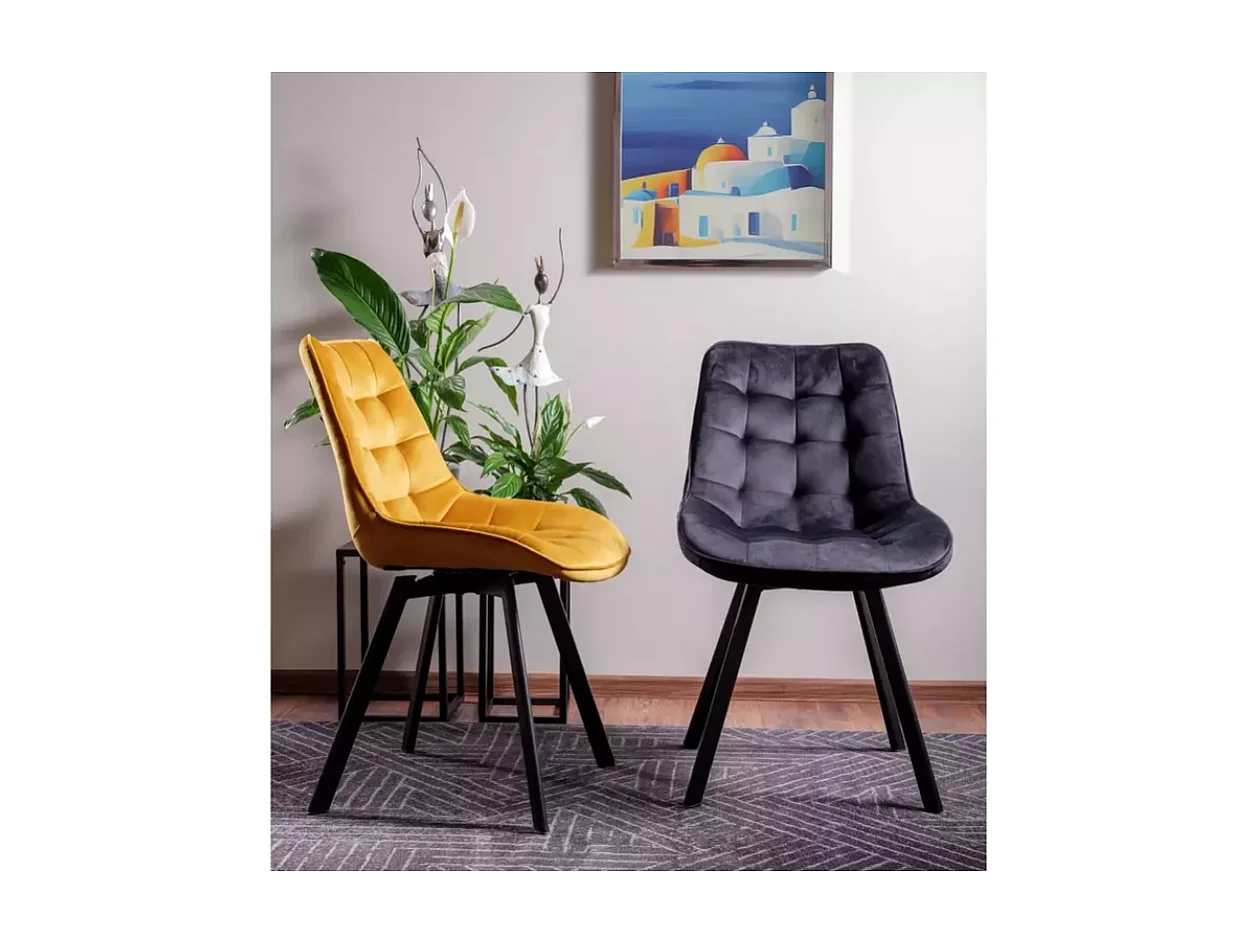 Chaise LOUPI velours gris matelassé pivotante  avec piètement noir mat contemporain