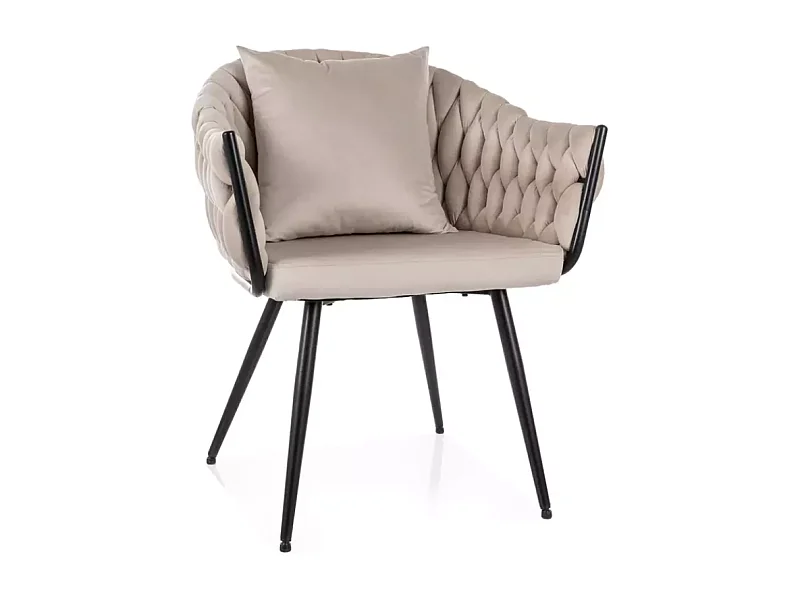 Chaise cocon velours beige dossier matelassé et coussin déco inclus NANSY