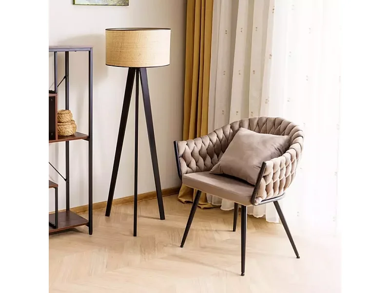 Chaise cocon velours beige dossier matelassé et coussin déco inclus NANSY