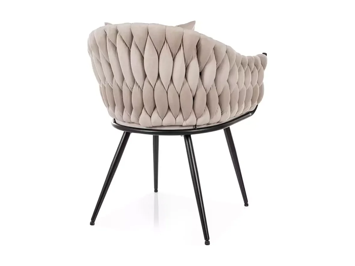 Chaise cocon velours beige dossier matelassé et coussin déco inclus NANSY