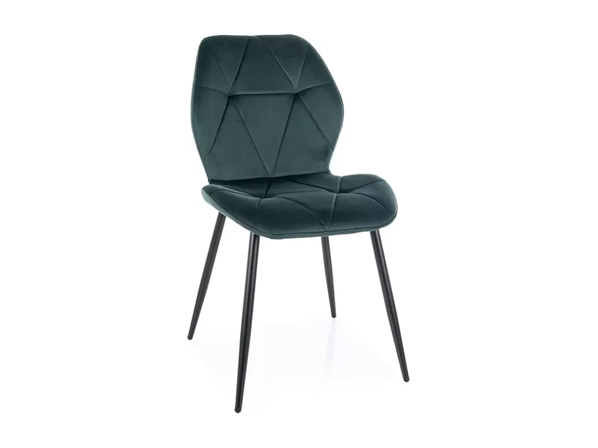 Chaise velours vert pieds noir mat et dossier capitonné design géométrique ROCKAY