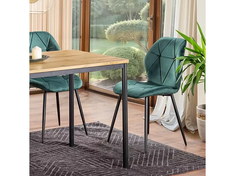Chaise velours vert pieds noir mat et dossier capitonné design géométrique ROCKAY