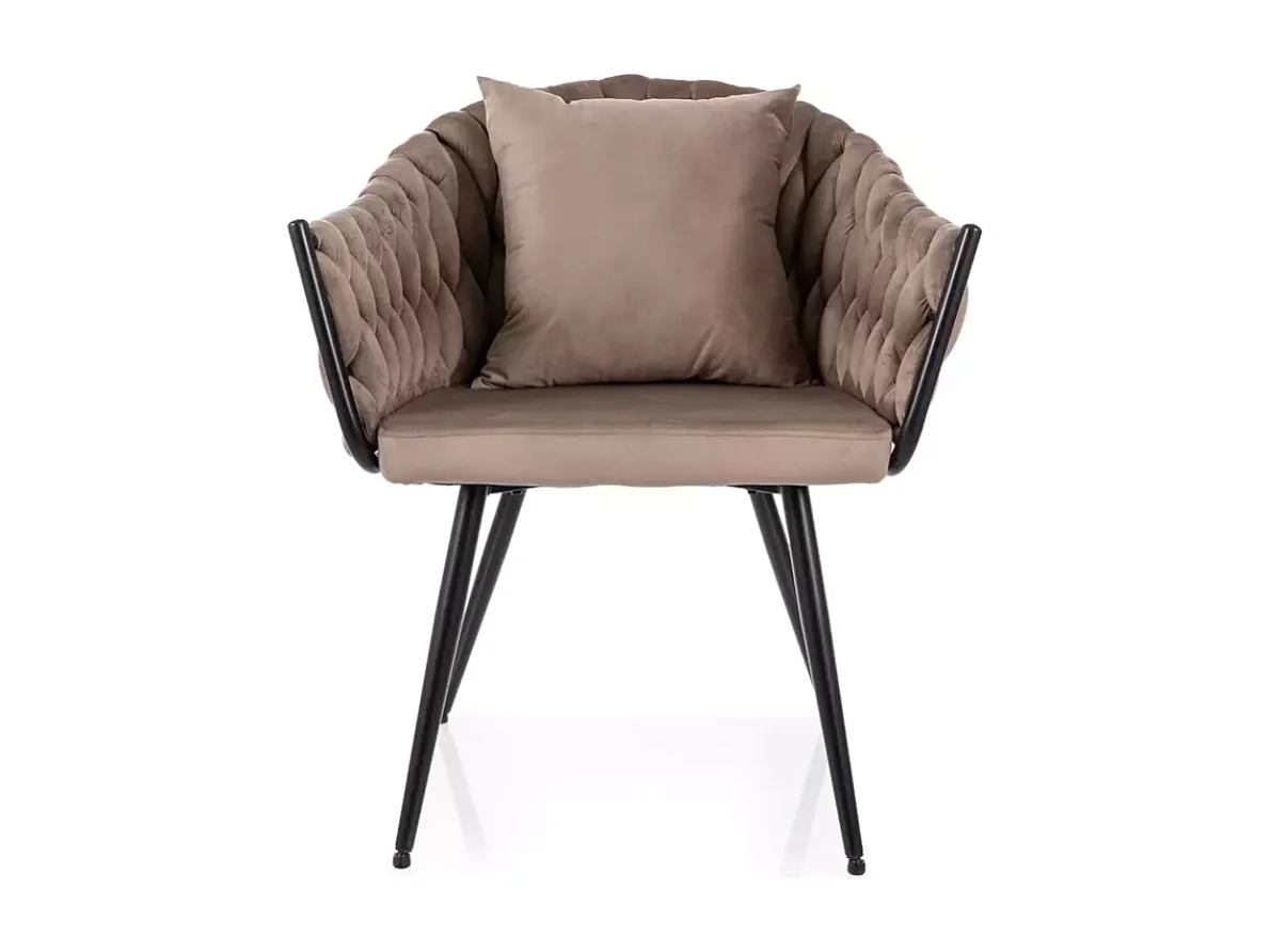 Chaise dossier matelassé velours beige avec coussin décoratif NANSY