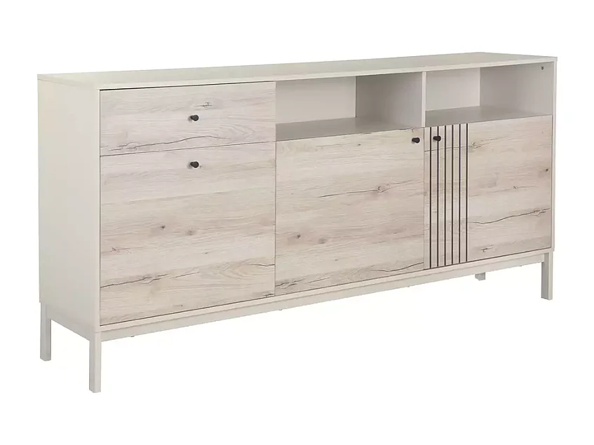 Buffet 3 portes FLY2 chêne alpin et blanc cassé style contemporain 180x40x90 cm